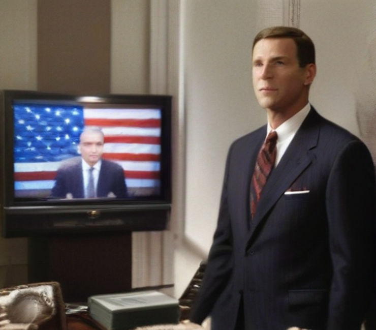 In an office, a politician dons a suit, eyes fixed on the television. Behind him, the American flag hangs, casting a patriotic aura.