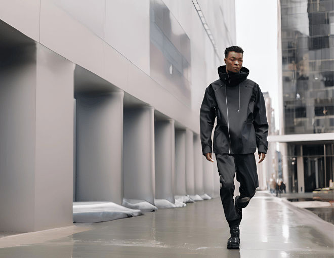 A young adult man, clad in sleek techwear, walking on a street.