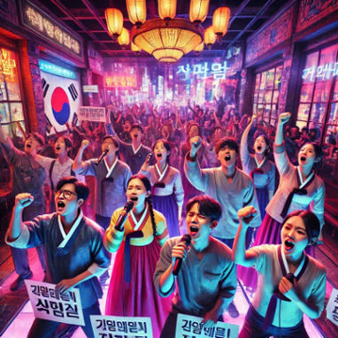 A group of young South Koreans passionately singing together at Gangnam Karaoke during a political protest event.