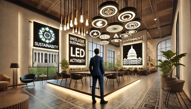 A modern interior space where contemporary light fixtures are visibly influenced by political themes.