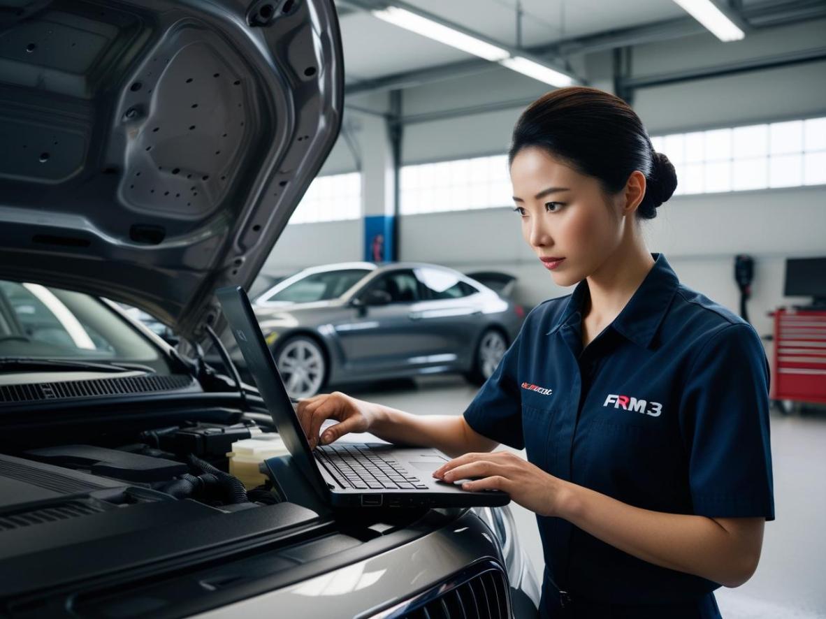 Technician using laptop diagnostics on BMW in bright, modern auto repair shop.