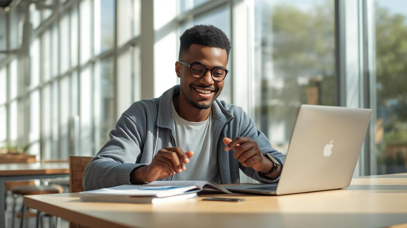 College student happily reviewing affordable textbooks in a sunlit university library setting.